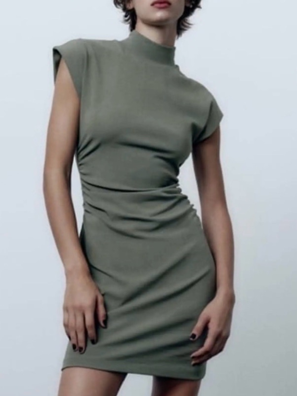 Zara Olive Green Cap Sleeve Body Con Ruched Stretch Mini Dress S